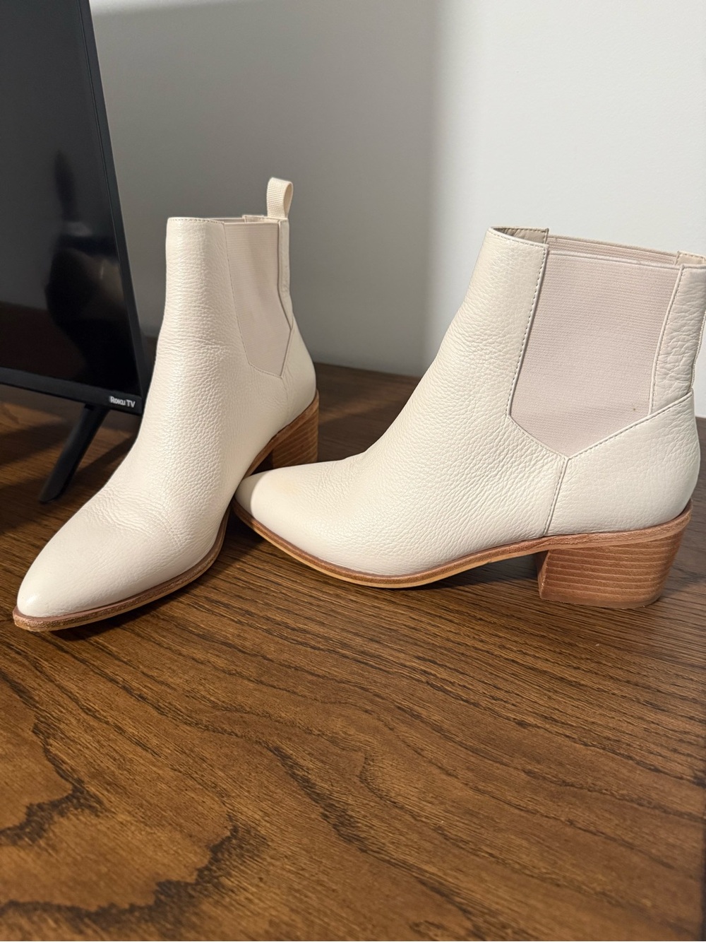 Chinese Laundry Cream Leather Ankle Boots with Block Heel